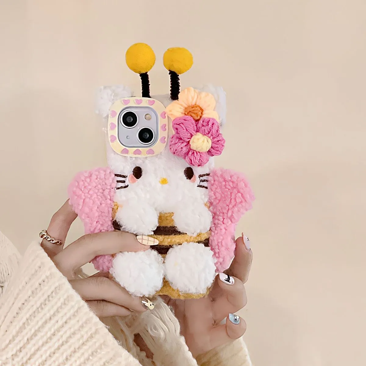 Plush Cartoon Bee Hello Kitty Case for iPhone 16 – Compatible with iPhone 15/14 Pro Max/13/11, Soft Fluffy Design Shockproof Bumper Cover
